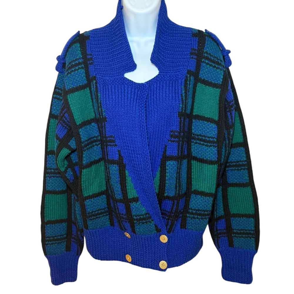 CARLISLE SPORT Plaid Wool Knit Sweater Jacket Blue Green Black Gold Button M